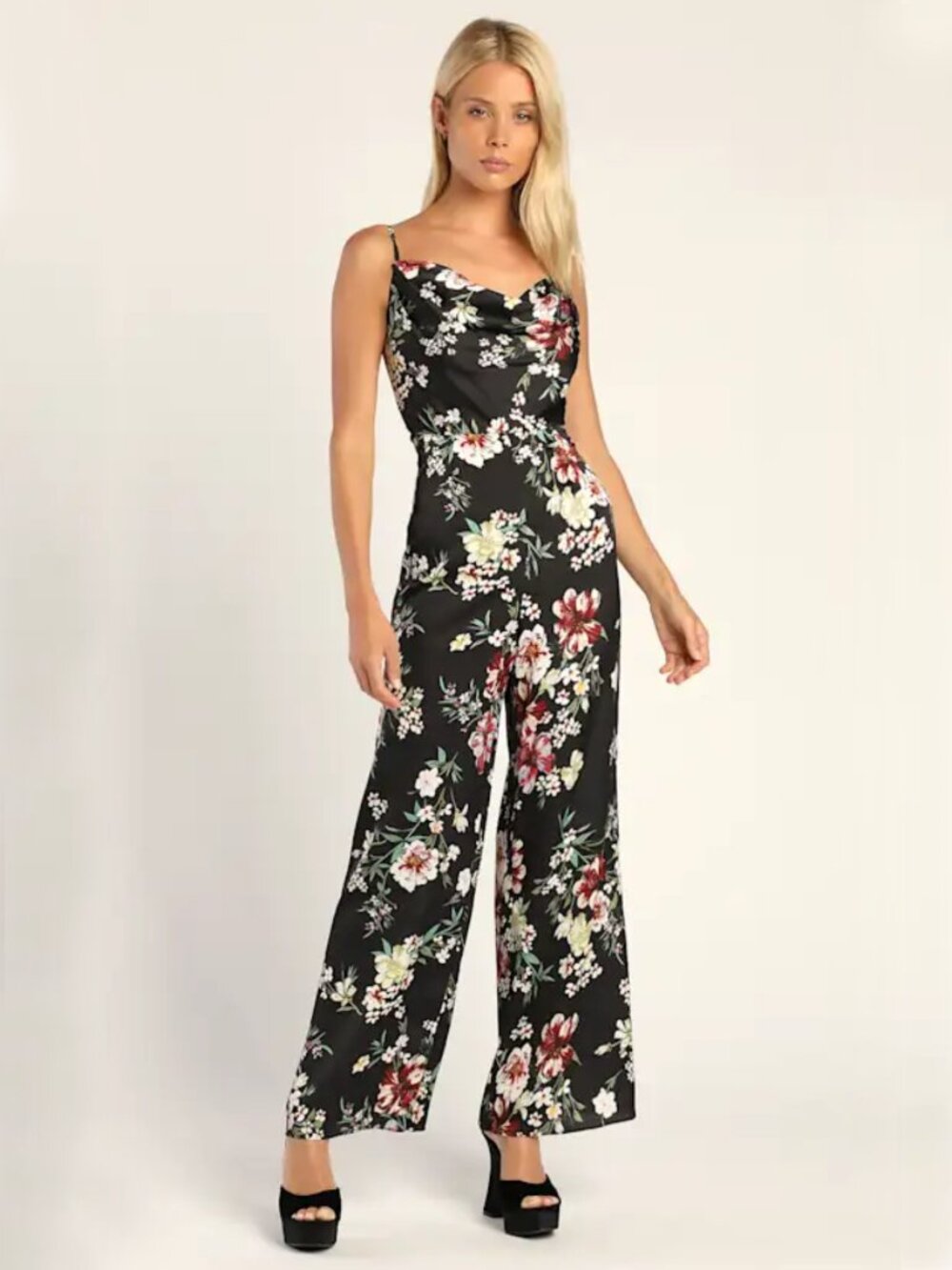 LULUS ALLURING LOOK BLACK SATIN COWL NECK FLORAL WIDE LEG JUMPSUIT NWT M